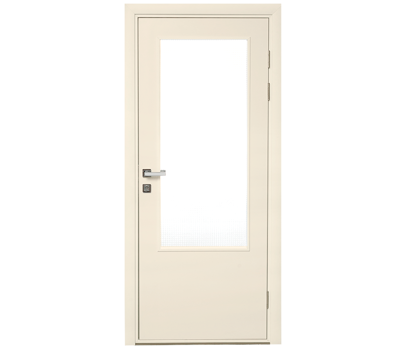 Влагостойкая дверь ПВХ EtaDoor с окном кремовая одностворчатая с алюминиевой кромкой