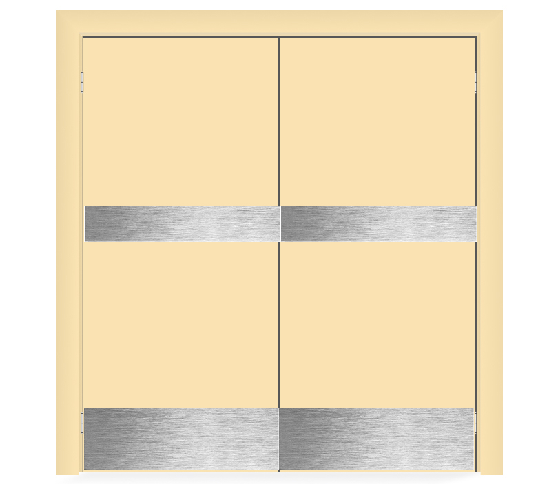 Влагостойкая дверь ПВХ EtaDoor глухая ванильная маятниковая двухстворчатая с отбойной пластиной