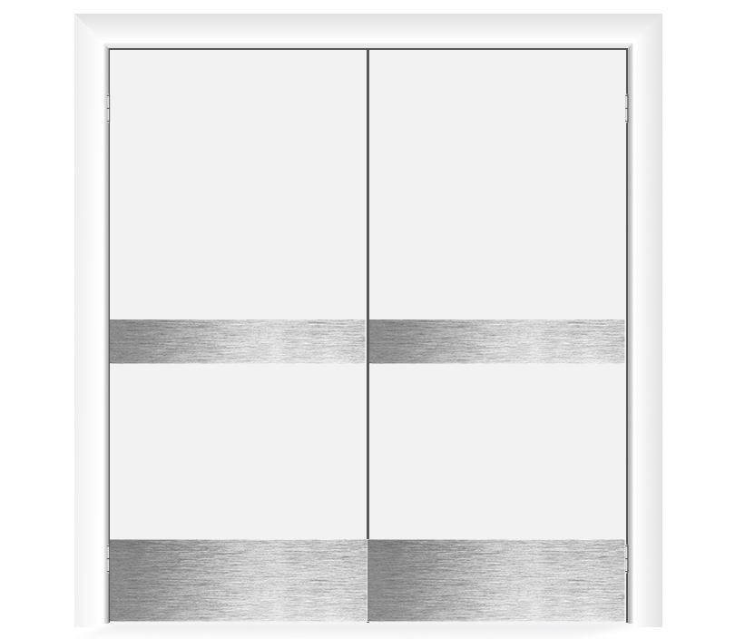 Влагостойкая дверь ПВХ EtaDoor глухая белая маятниковая двухстворчатая с отбойной пластиной