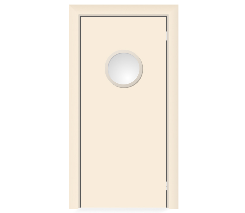 Влагостойкая дверь ПВХ EtaDoor с иллюминатором кремовая маятниковая одностворчатая с алюминиевой кромкой