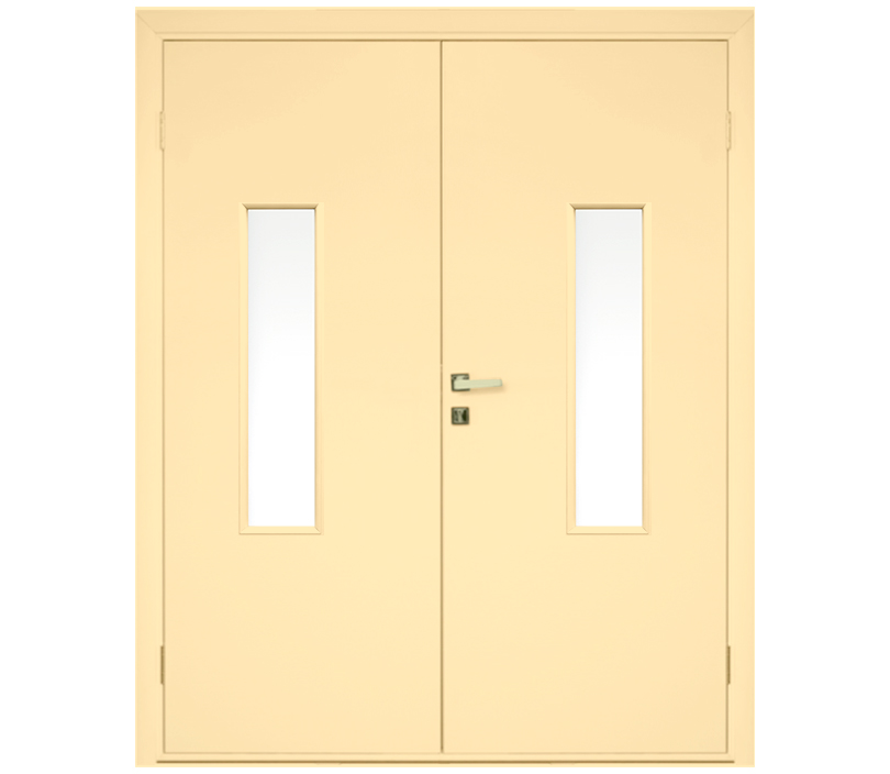 Влагостойкая дверь ПВХ EtaDoor с окном ванильная двухстворчатая с алюминиевой кромкой