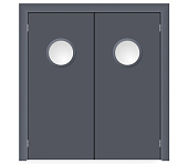 Влагостойкая дверь ПВХ EtaDoor с иллюминатором серая маятниковая двухстворчатая с алюминиевой кромкой